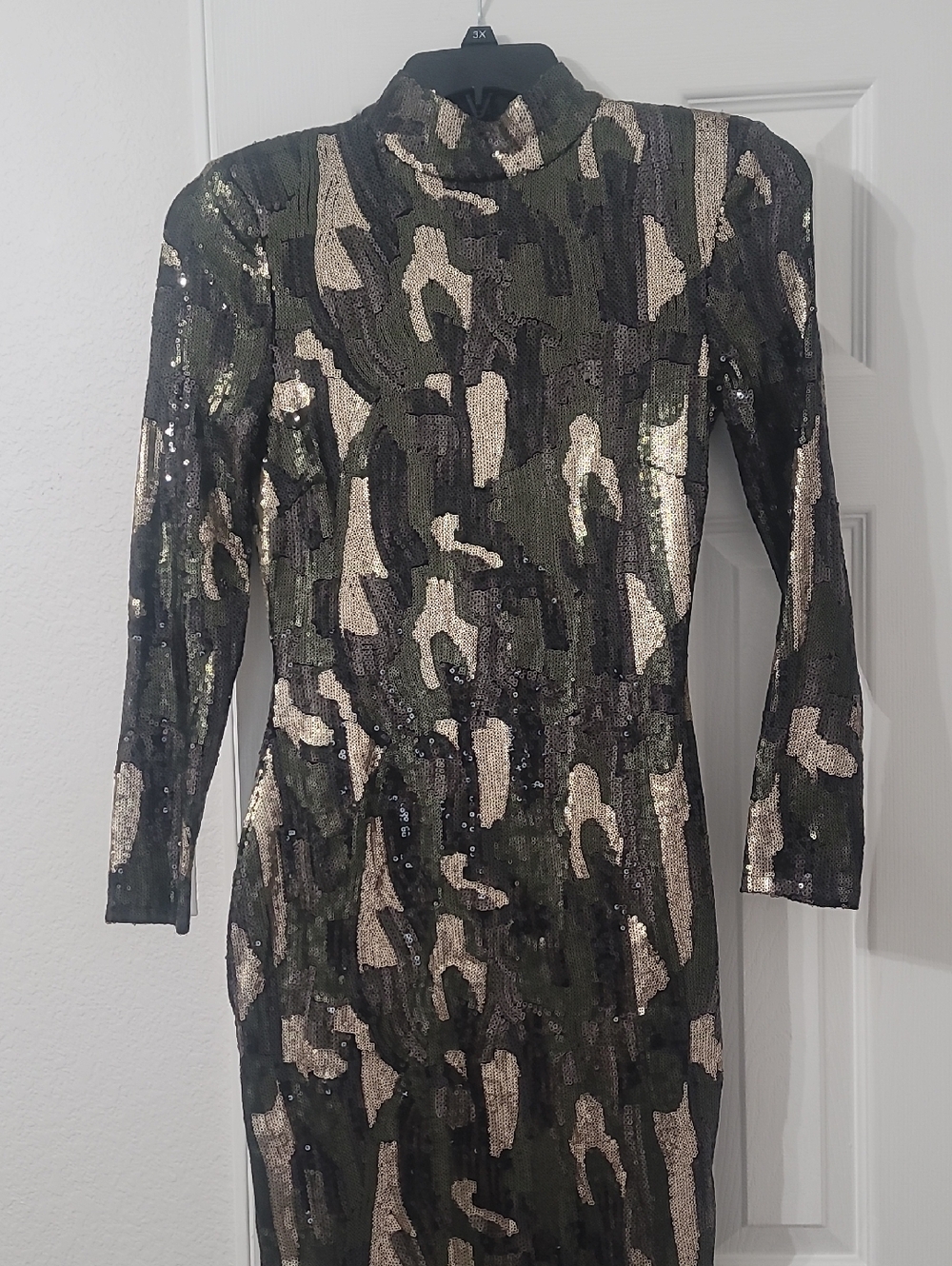 Zara Sequin Camouflage Long-Sleeve Bodycon Dress - Olive/Gold